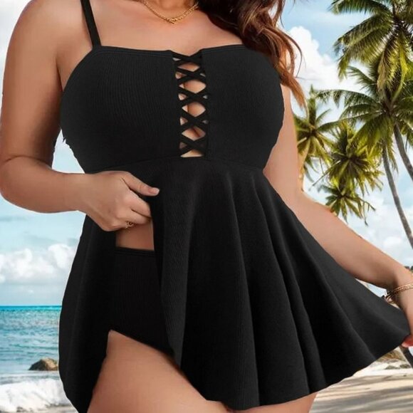 NEW Black 4XL Plus Size Swim Dress Adjustable Straps & Lace-Up Front Design - Picture 4 of 12